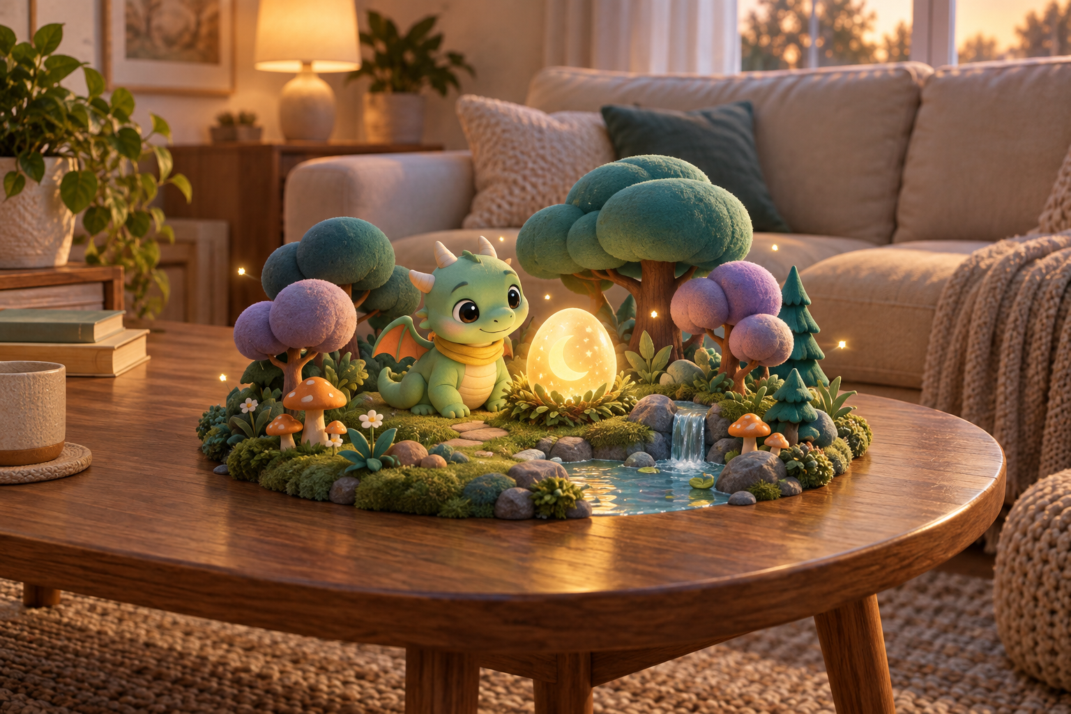 AR concept illustration: Pip’s miniature forest world and glowing egg placed on a wooden table in a family living room.