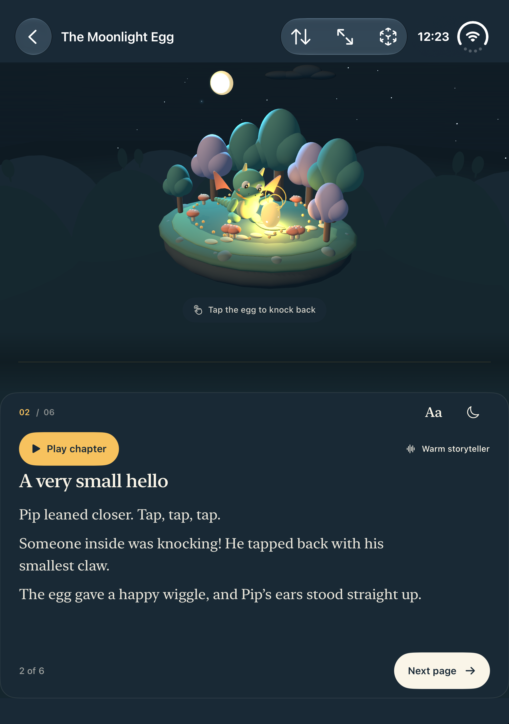 Luma’s iPhone Duo tabletop layout: Pip’s 3D forest above the story text, with Play chapter and Next page controls below.