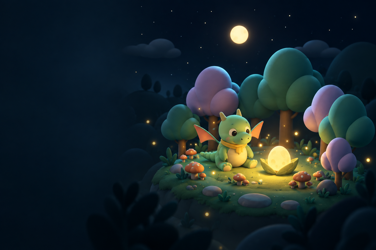 Pip, a small mint-green dragon, discovers a glowing egg in a moonlit toy forest.