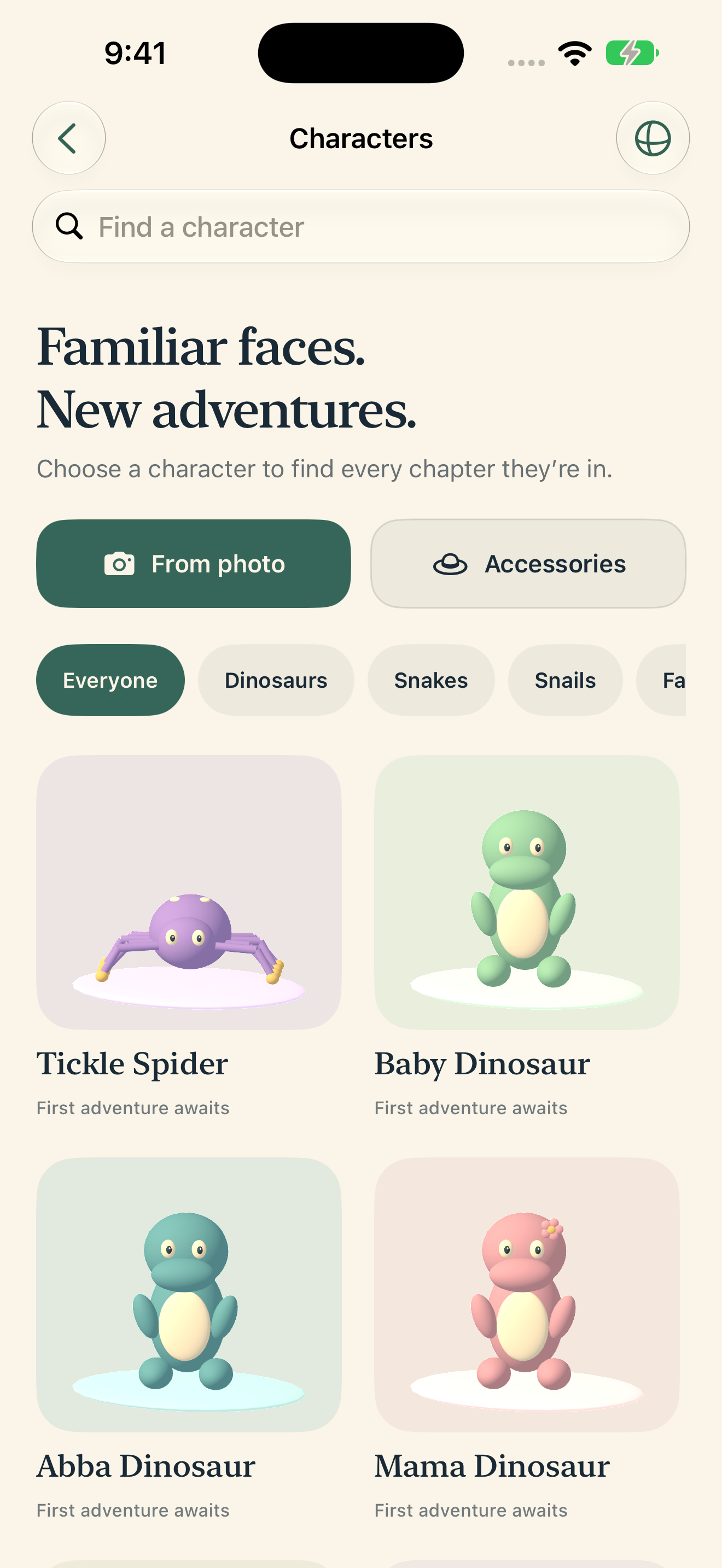 Luma’s Characters screen, with the From photo button above the character collection.