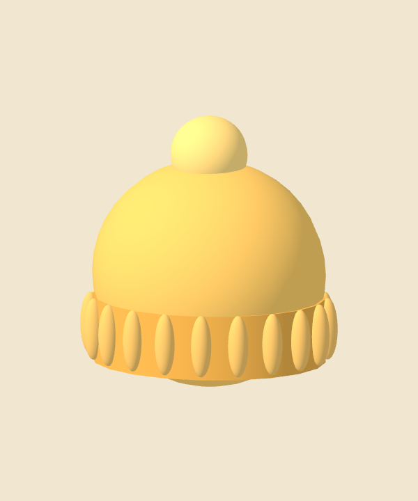 A separate golden bobble hat turning slowly, without a display stand.