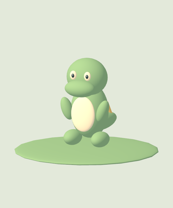 Moss, a green dinosaur turning slowly on a centered display stand.