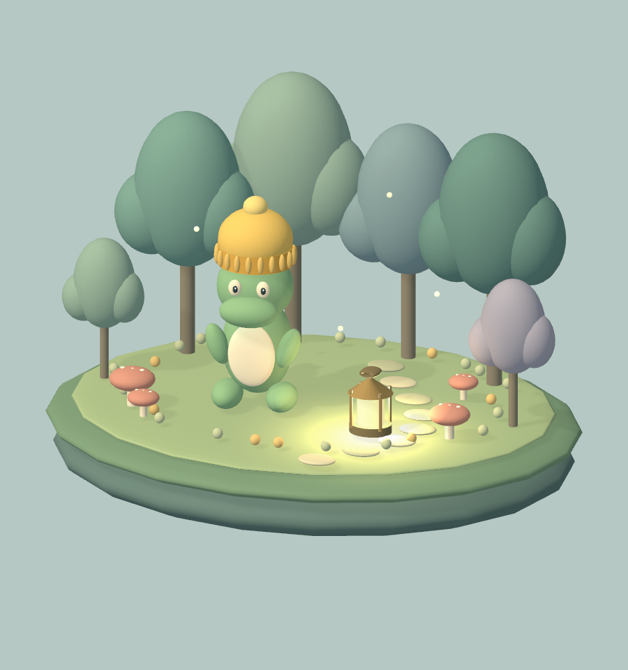 Luma’s 3D Moss wears the same yellow hat in a miniature forest, beside a glowing lantern, trees, mushrooms and stepping stones.