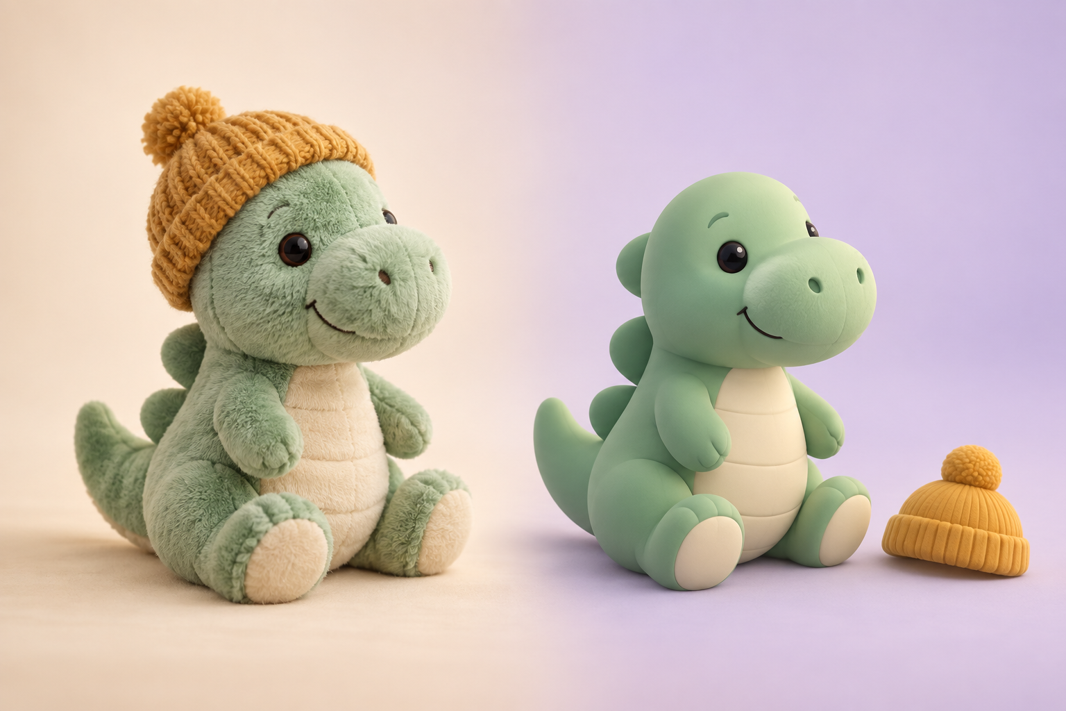 Illustrated example: a mint-green plush dinosaur in a knitted hat becomes a smooth 3D character, with its hat as a separate accessory.