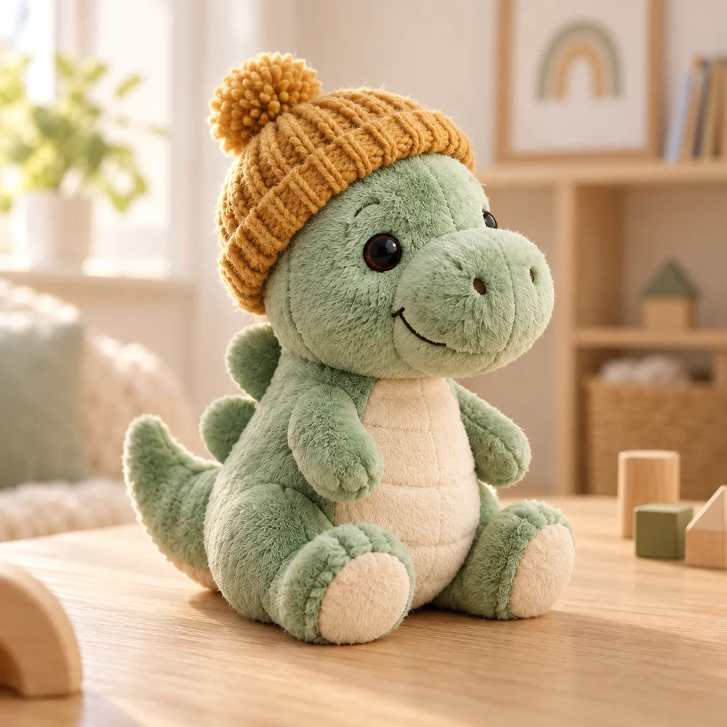 Illustrative photo of a soft green dinosaur puppet wearing a yellow woolly hat on a playroom table.