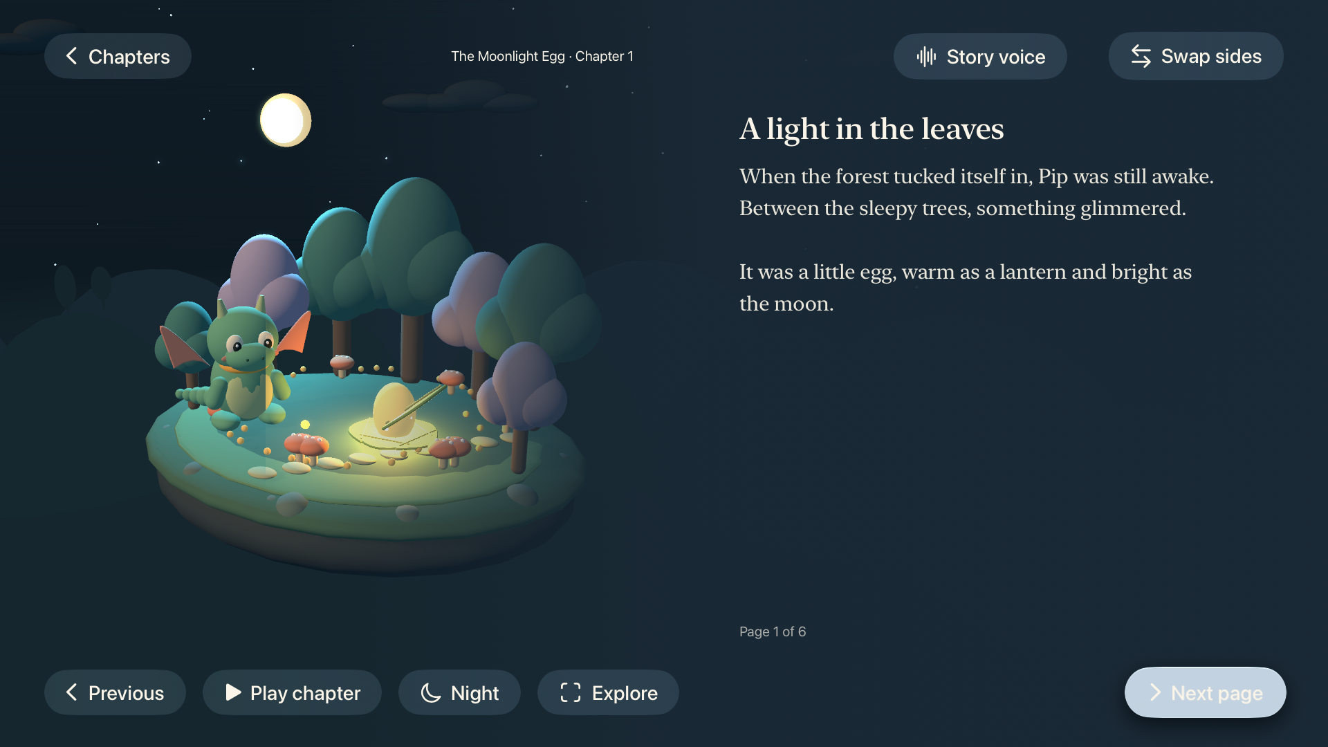 Inside Luma on Apple TV: Pip’s 3D world beside the story, with remote controls to play the chapter and turn pages.