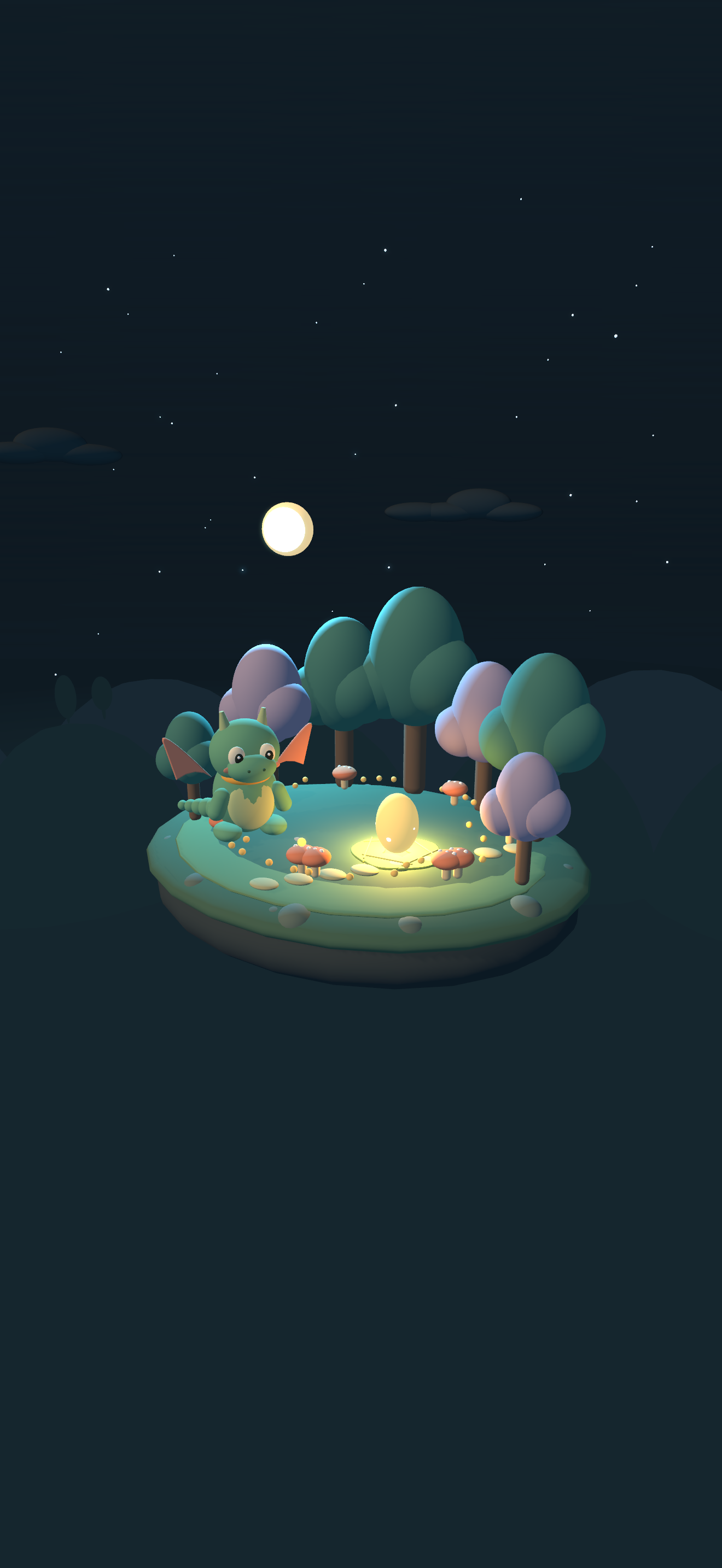 Actual Luma 3D scene: Pip beside a glowing egg among softly rounded trees.